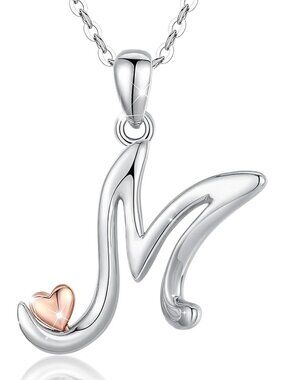 Personalized 925 Sterling Silver Initial Necklace with Rose Gold Heart - 18